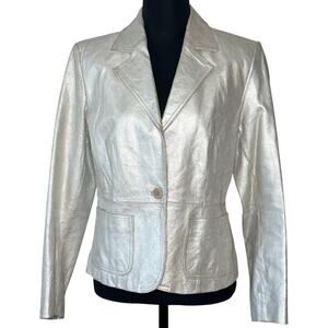 New York & Company Silver Metallic 100% Leather Jacket blazer size 8
